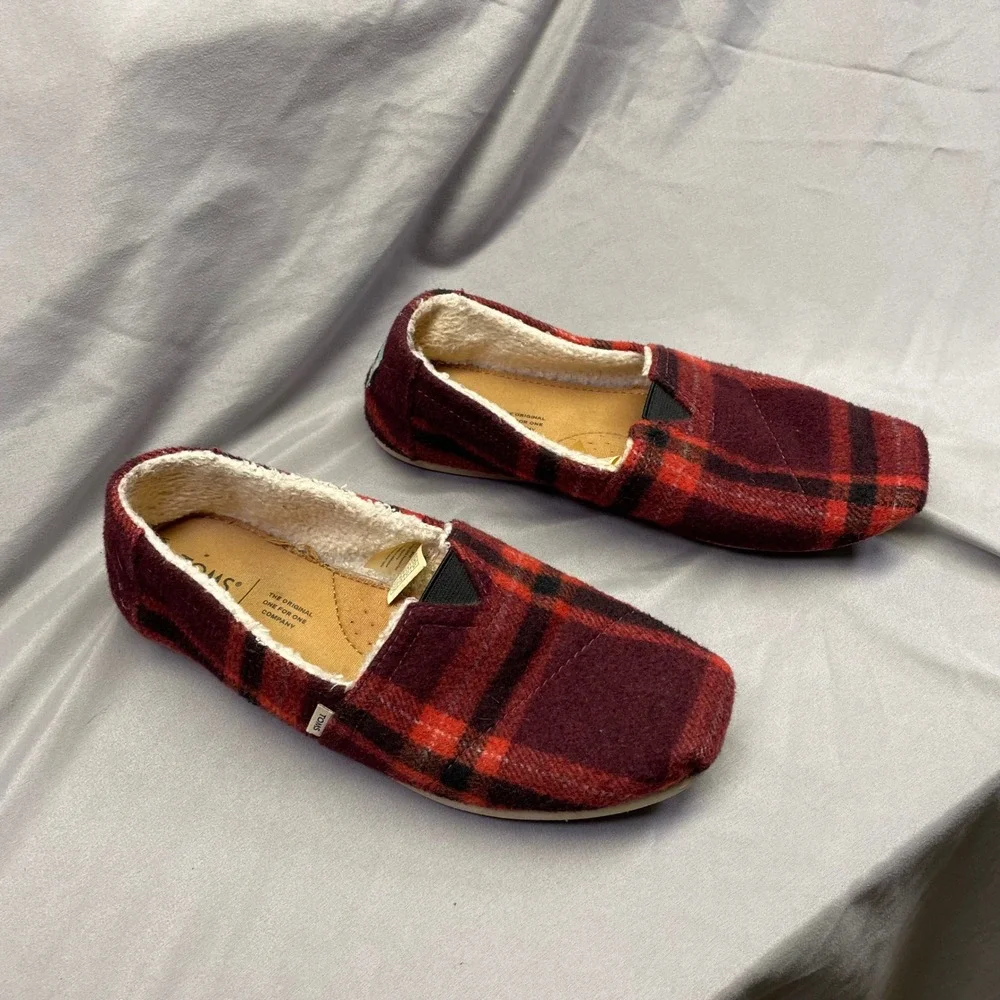 TOMS Womens Alpargata Red Plaid‎ Wool Faux Shearling Lined Slip On Shoes 8.5